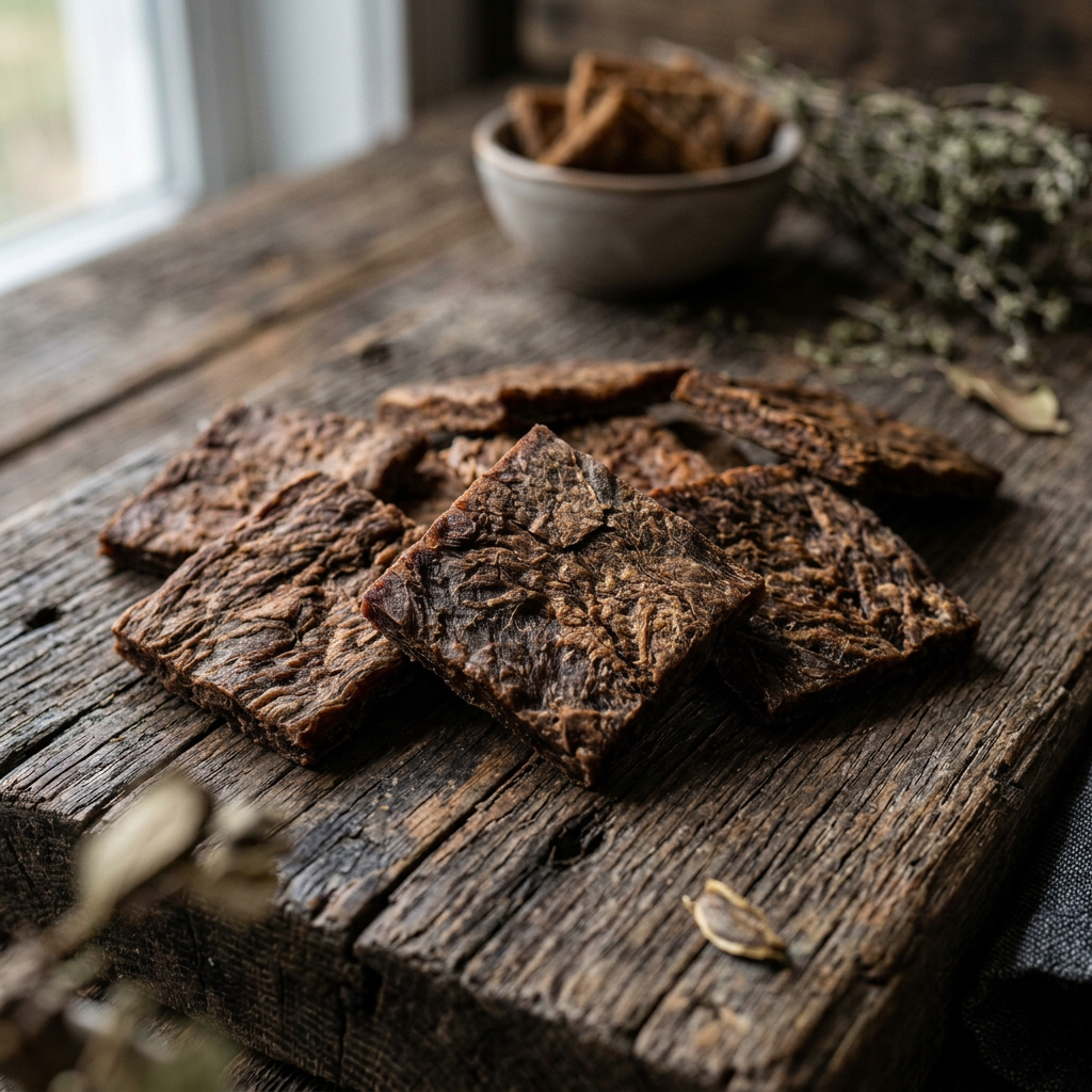 Close-up of dehydrated beaver dog treat pieces showing their textured surface