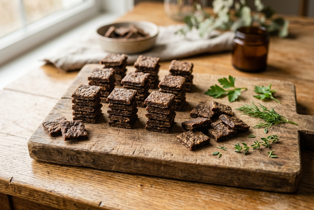 Dehydrated beaver dog treats stacked on a wooden cutting board