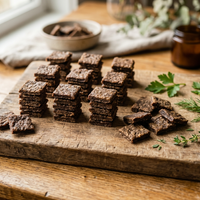 Dehydrated beaver dog treats stacked on a wooden cutting board