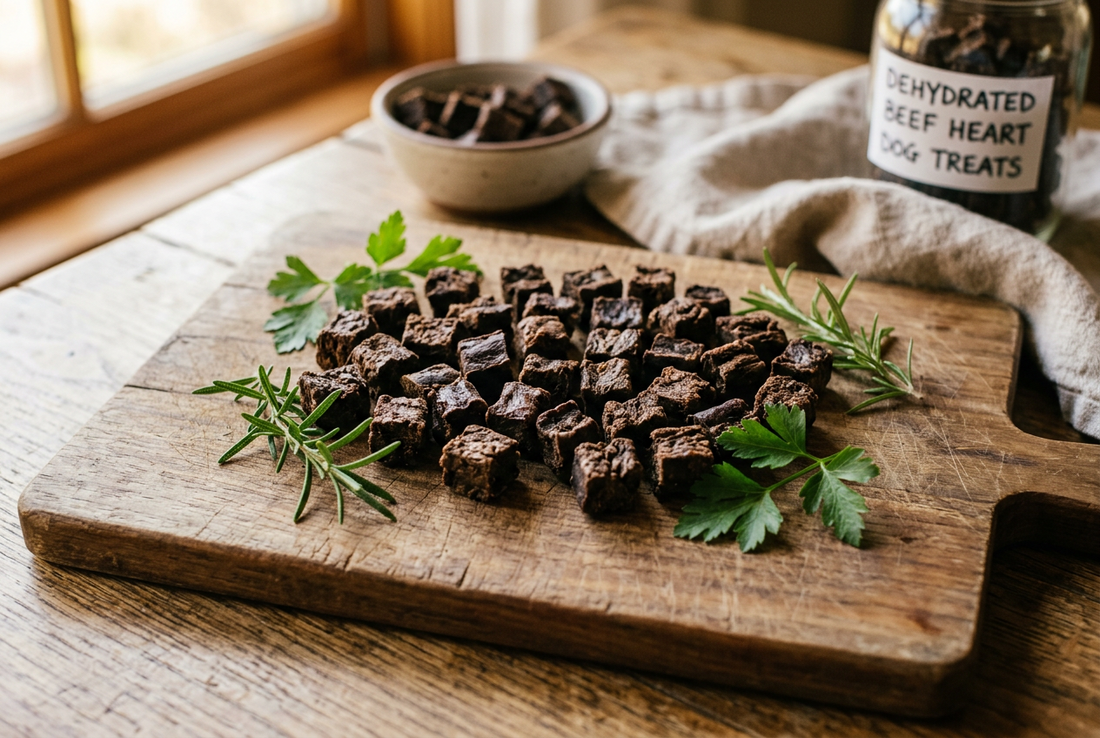 Dehydrated beef heart dog treat pieces on a wooden cutting board with decorative herbs