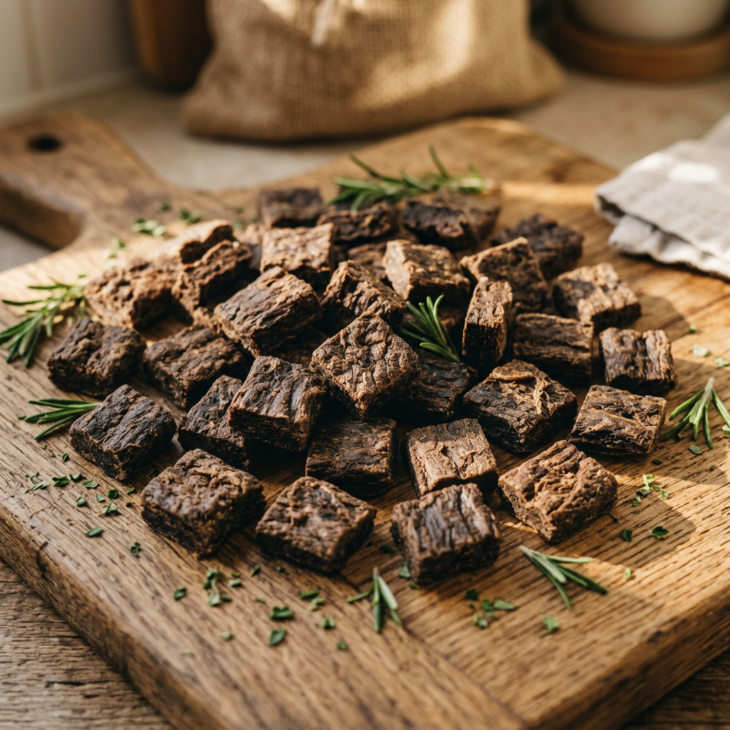 Dehydrated beef liver dog treat pieces on a wooden cutting board with decorative herbs